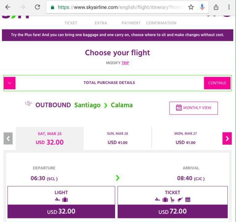 این هم نمونه ای از جستجوی پرواز روی سایت اسکای ایرلاین، می بینید که مثلا برای پروازی بیشتر از دو ساعت از مرکز تا شمال شیلی، لازم نیست مبلغی بیشتر از ٣٢ دلار پرداخت کنید!